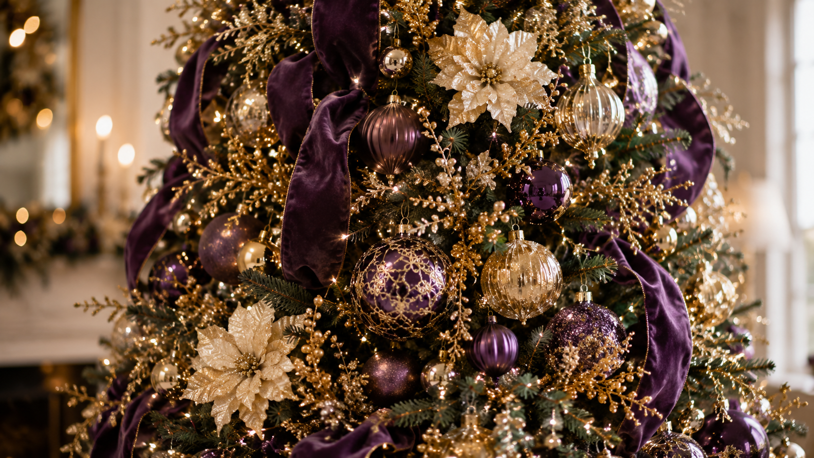 Purple and gold ornaments on a Christmas tree