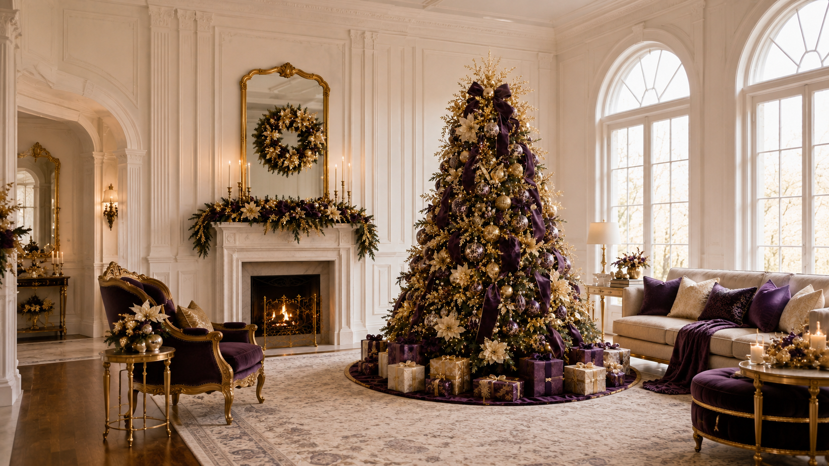 Purple and gold Christmas Treein living room