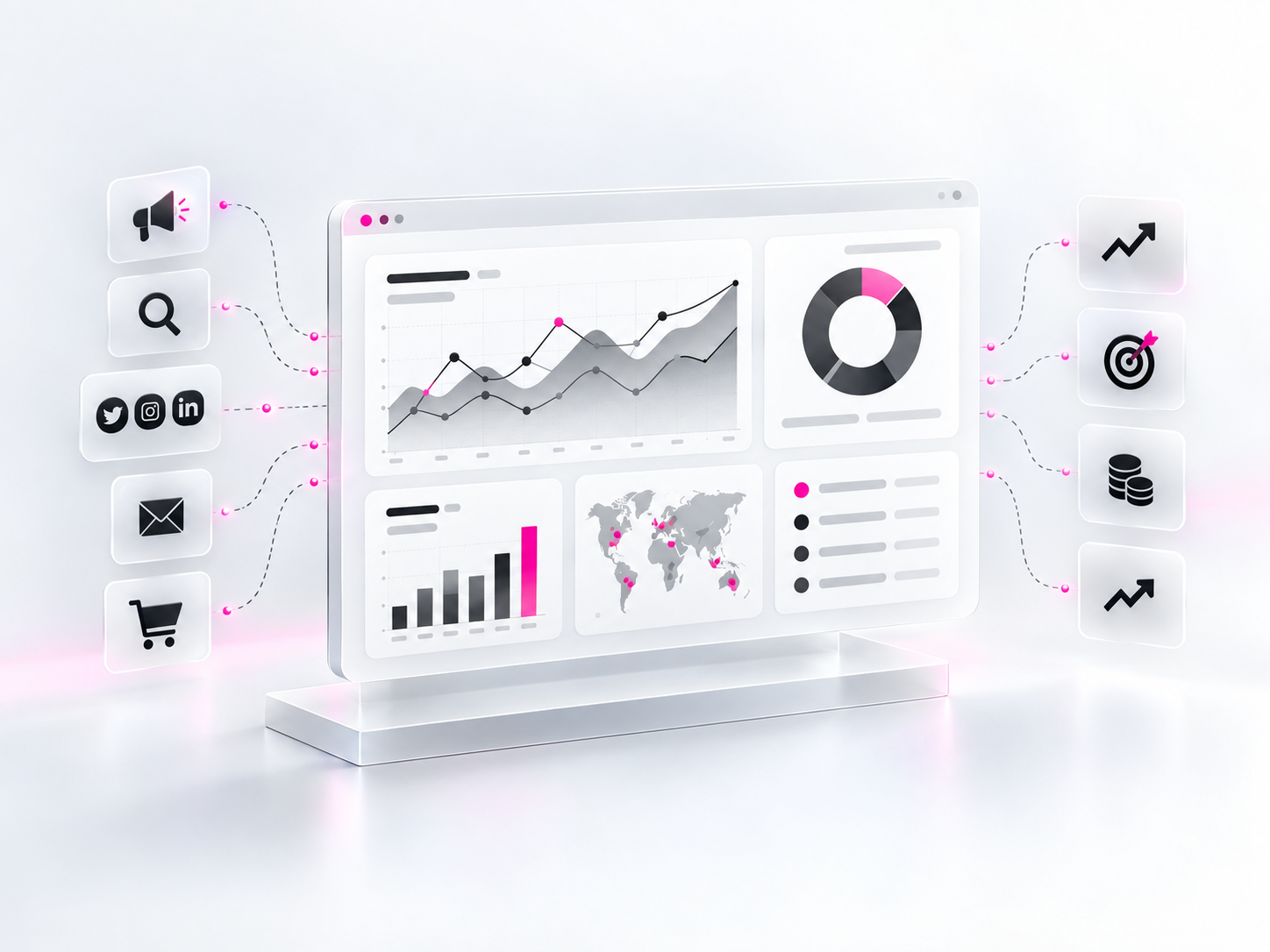 Complex marketing data being transformed into a structured analytics ecosystem