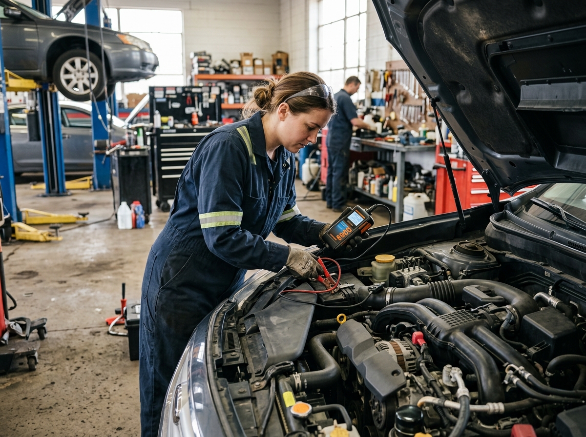 Technician performing battery, starter, and alternator repair