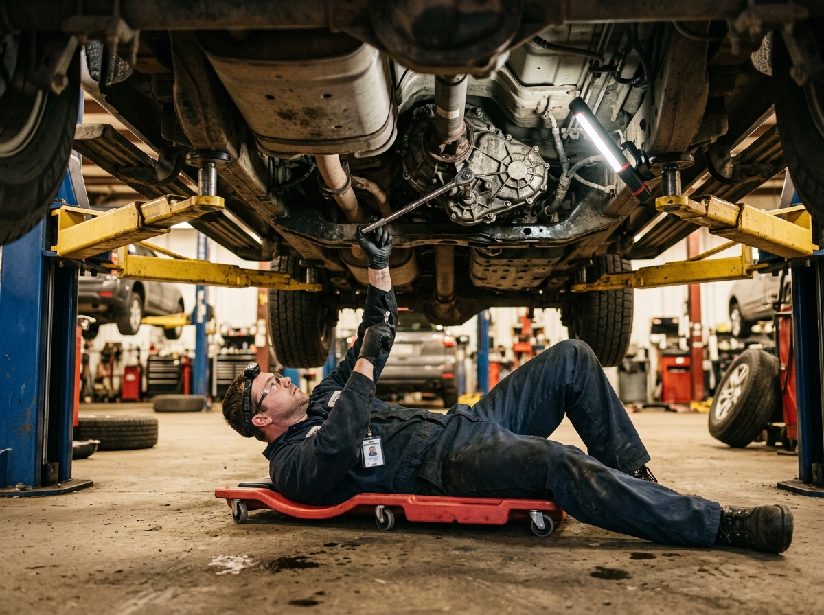 Technician performing drivetrain and differential repair