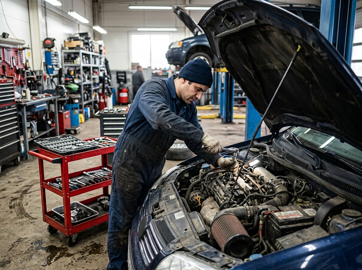 Technician performing engine repair