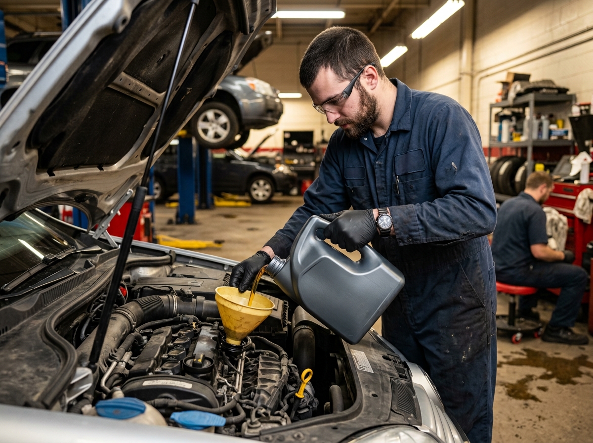 Technician performing an oil change