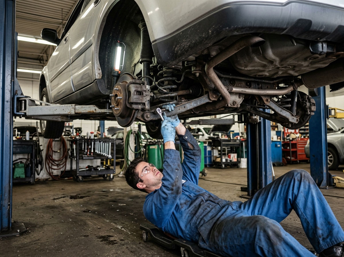 Technician performing suspension repair