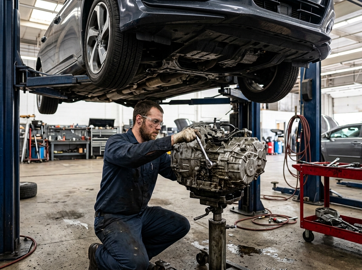 Technician performing transmission repair