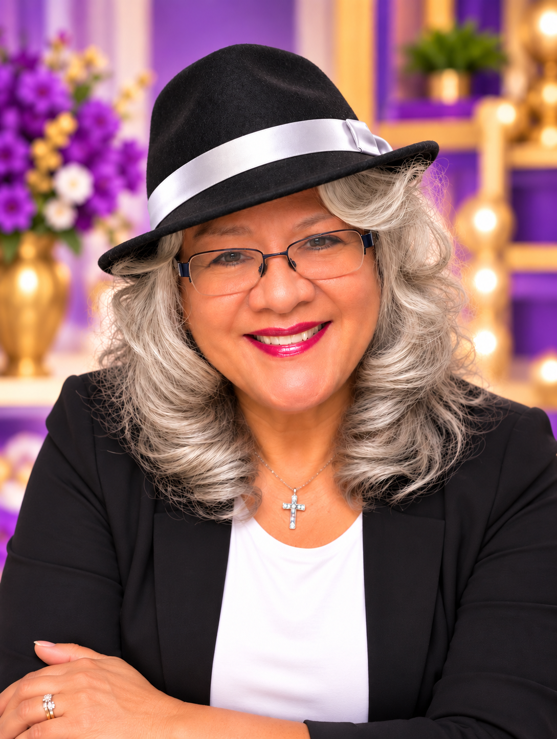 Delia Moore, founder of DillyDally Bookkeeping Plus in Mesa, Arizona, in her black hat with a white ribbon