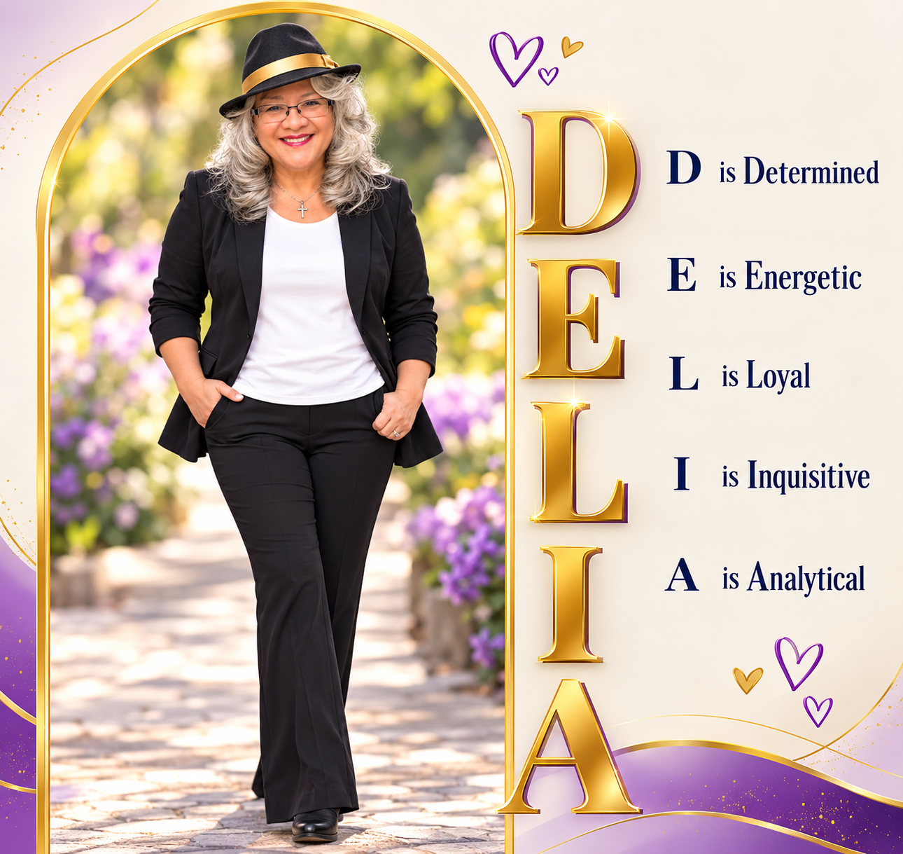 Delia Moore: D is Determined, E is Energetic, L is Loyal, I is Inquisitive, A is Analytical