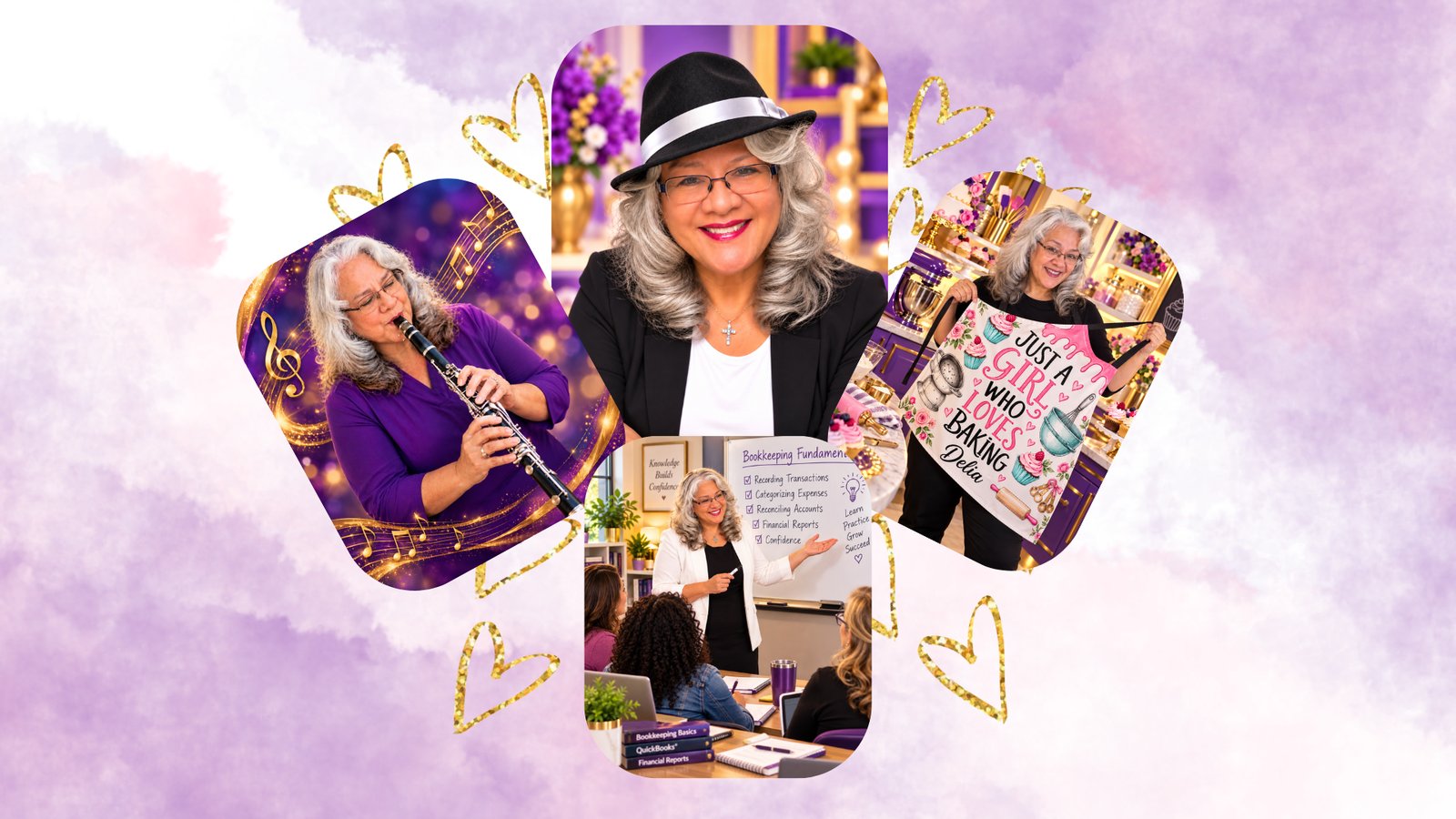 Collage of Delia Moore playing clarinet, teaching a bookkeeping class, baking, and wearing her signature black hat