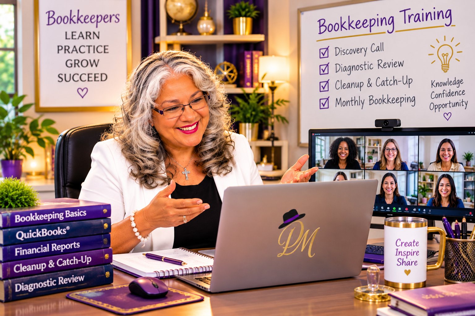 Delia Moore teaching a live bookkeeping training class on Zoom from her purple and gold studio