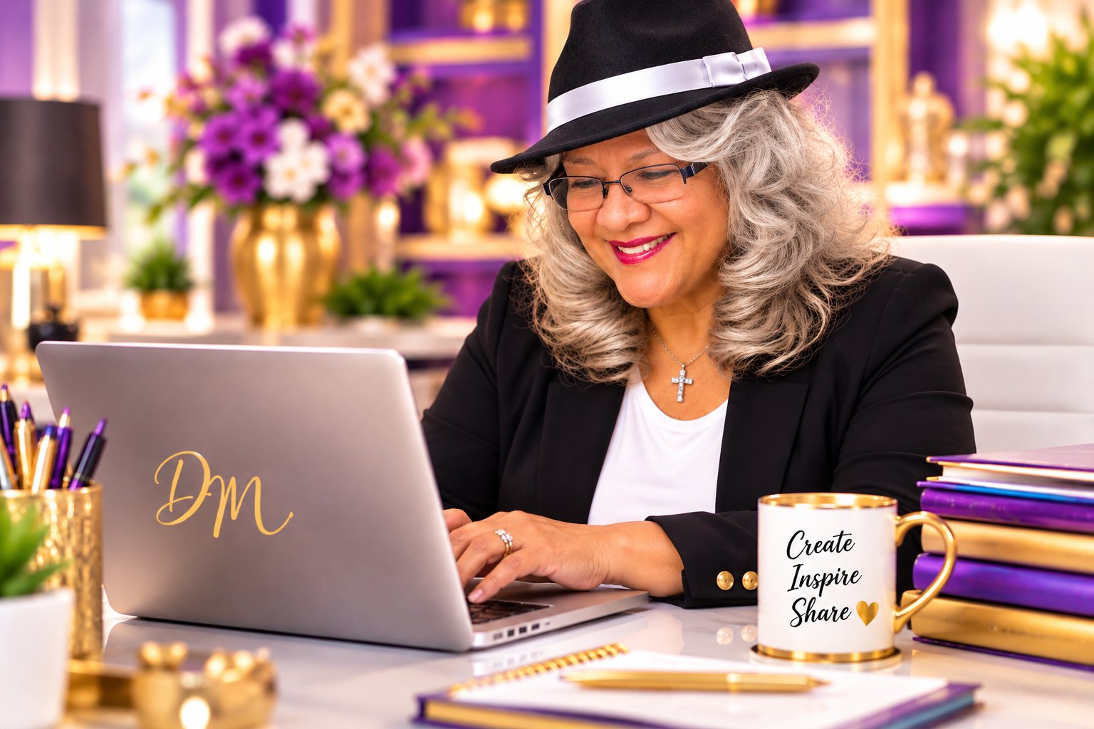 Delia Moore working on monthly bookkeeping at her purple and gold workspace in Mesa, Arizona