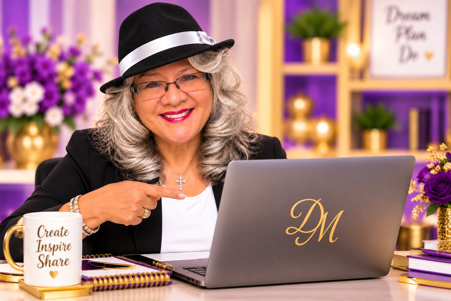 Delia Moore smiling at her desk and pointing to her laptop