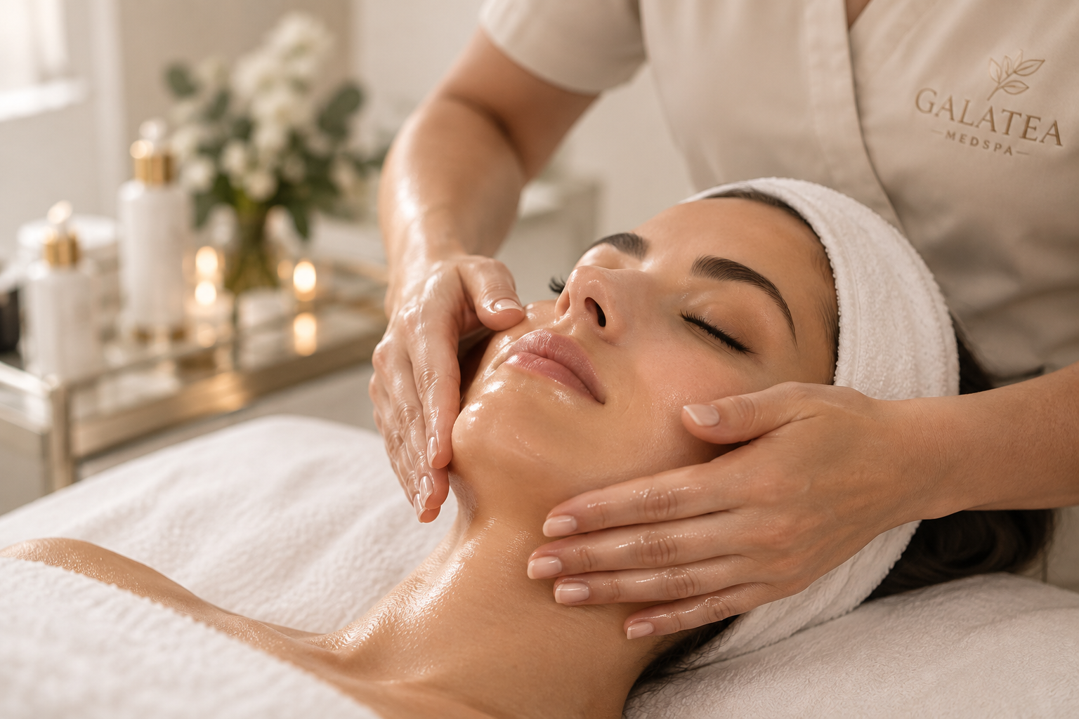 Manos de la cosmetóloga realizando un tratamiento facial en cabina de Galatea MedSpa