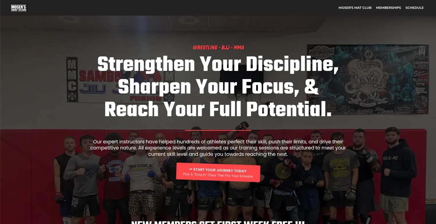 Moser's Mat Club website hero: Strengthen your discipline, sharpen your focus, and reach your full potential