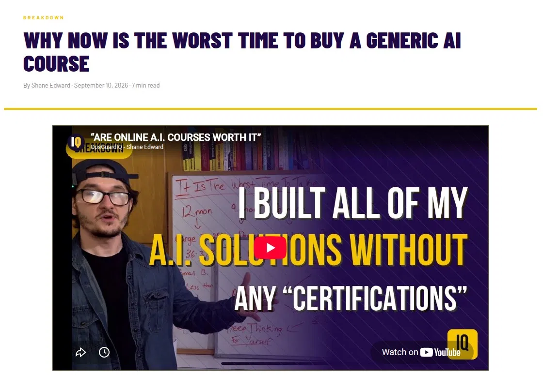 Blog breakdown page with the embedded long-form video: Why now is the worst time to buy a generic AI course