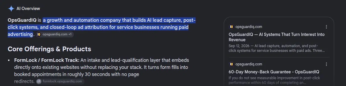 Google AI Overview describing OpsGuardIQ and its core offerings