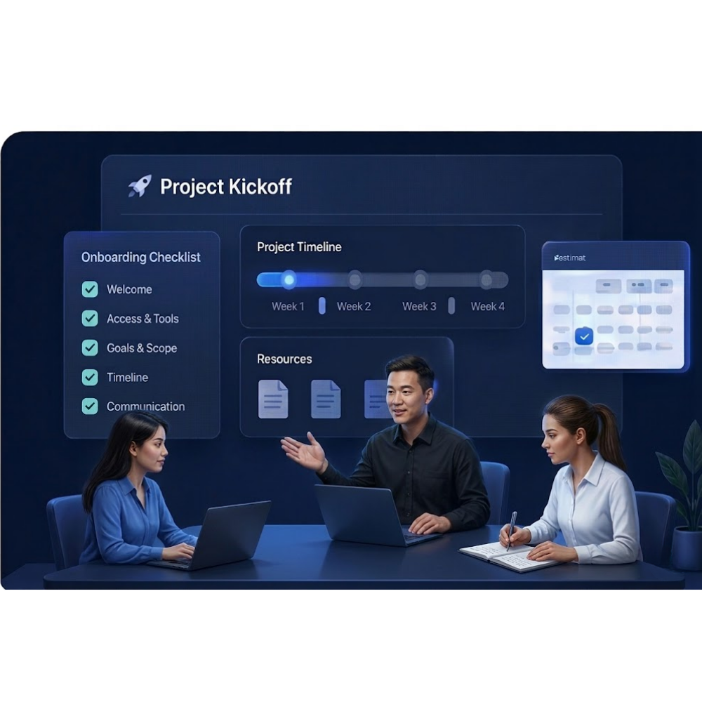 Illustration of a structured project kickoff and onboarding dashboard