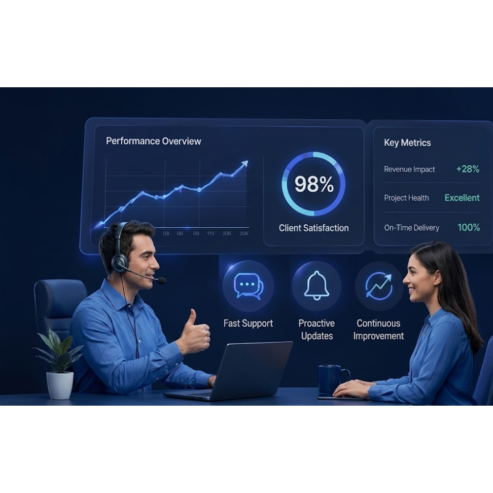 Illustration of client support, reporting, and continuous improvement