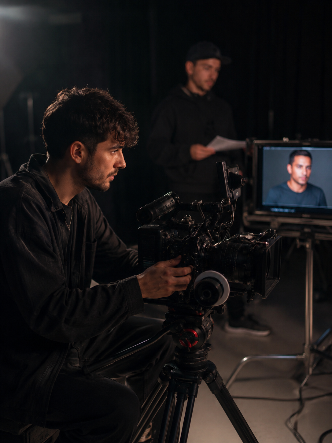 A professional camera team recording a presenter in a studio