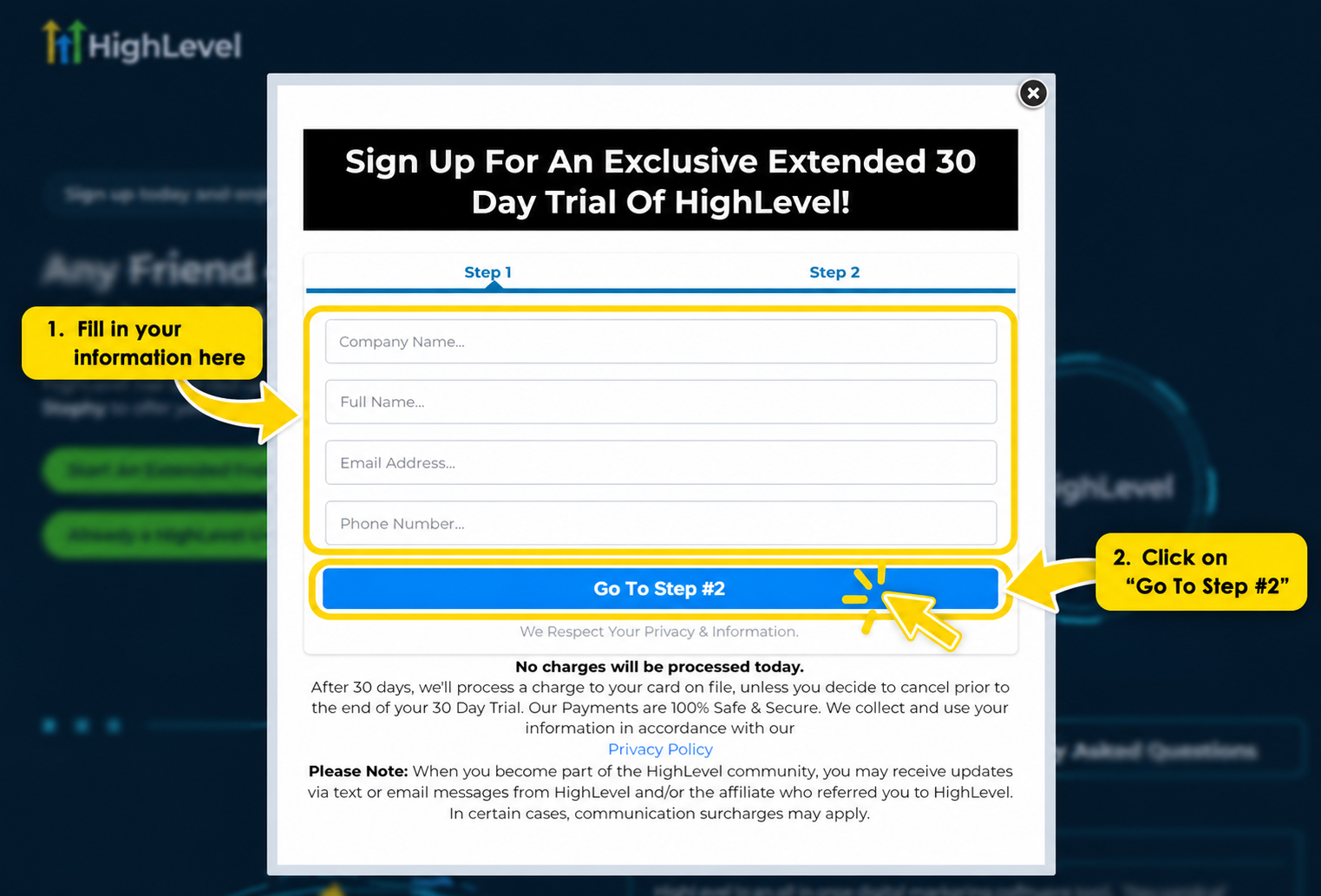 Enter your HighLevel trial information