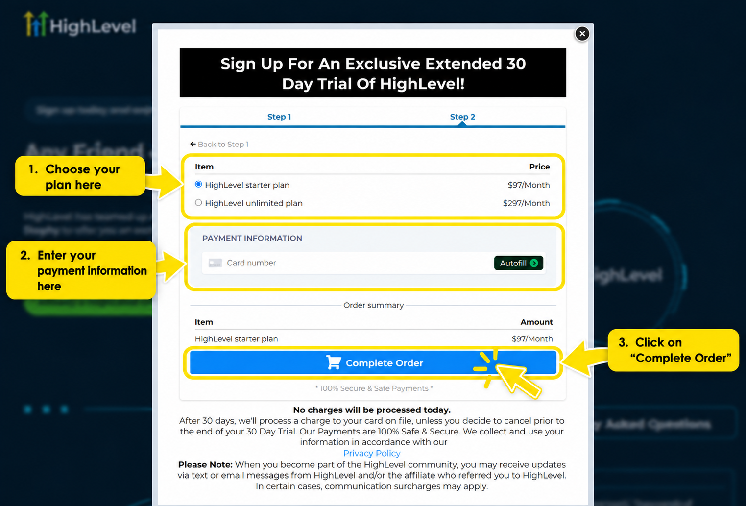 Choose your HighLevel plan and complete your trial