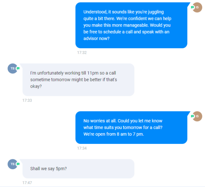 Booking exchange where the prospect gives a time and the bot confirms the appointment