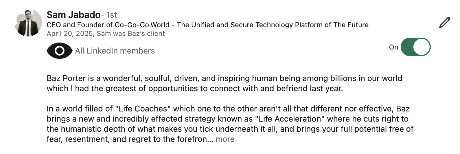 Sam Jabado LinkedIn testimonial for Baz Porter