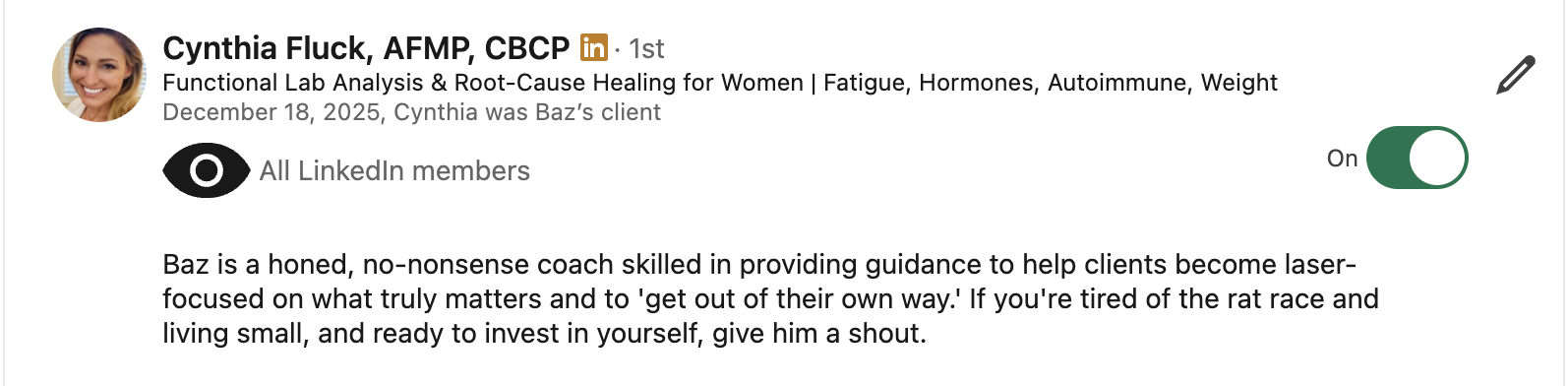 Cynthia Fluck LinkedIn testimonial for Baz Porter