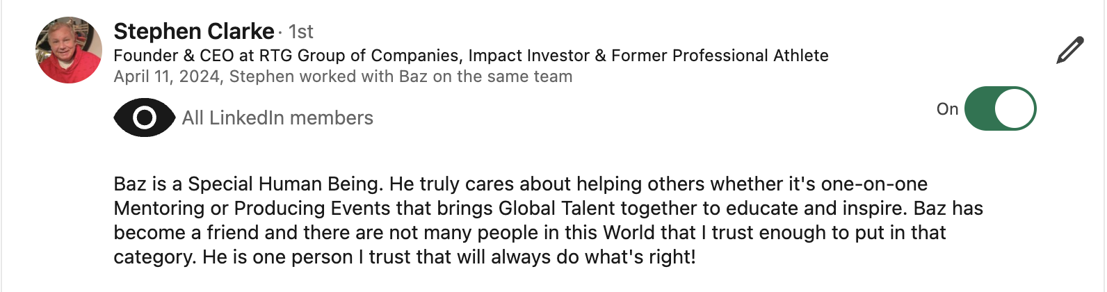 Stephen Clarke LinkedIn testimonial for Baz Porter