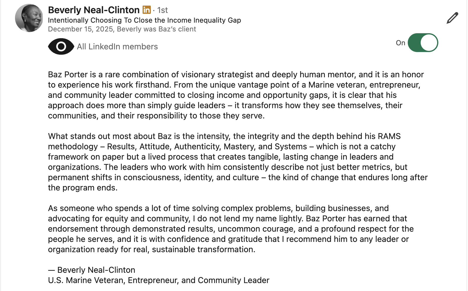 Beverly Neal-Clinton LinkedIn testimonial for Baz Porter