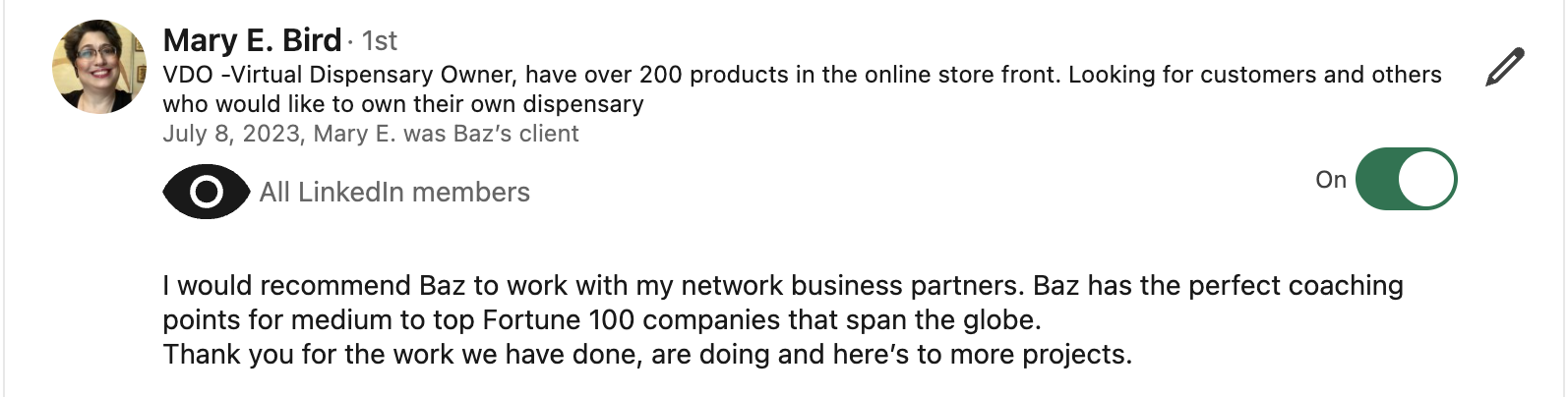 Mary Bird LinkedIn testimonial for Baz Porter