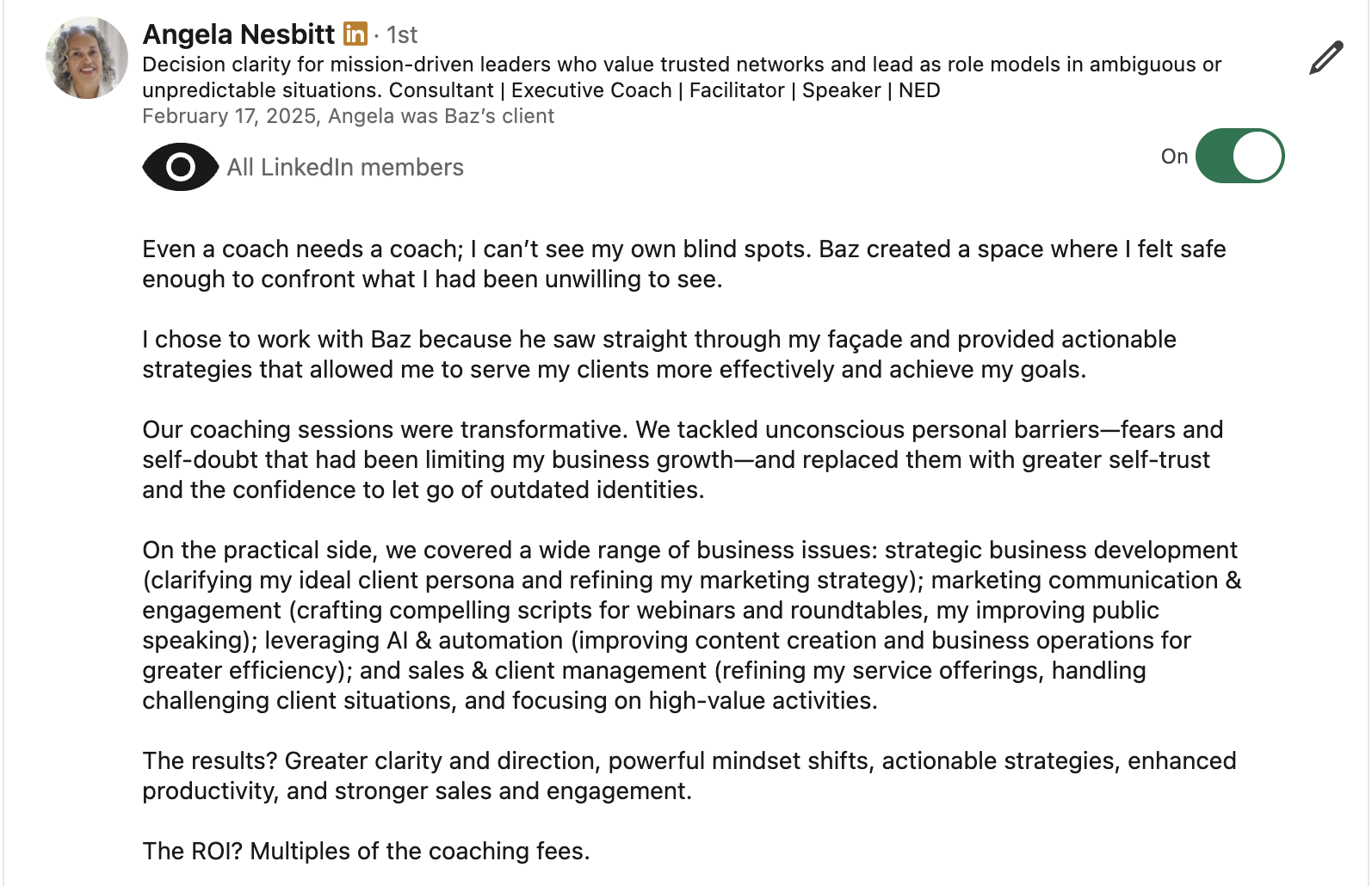 Angela Nesbitt LinkedIn testimonial for Baz Porter