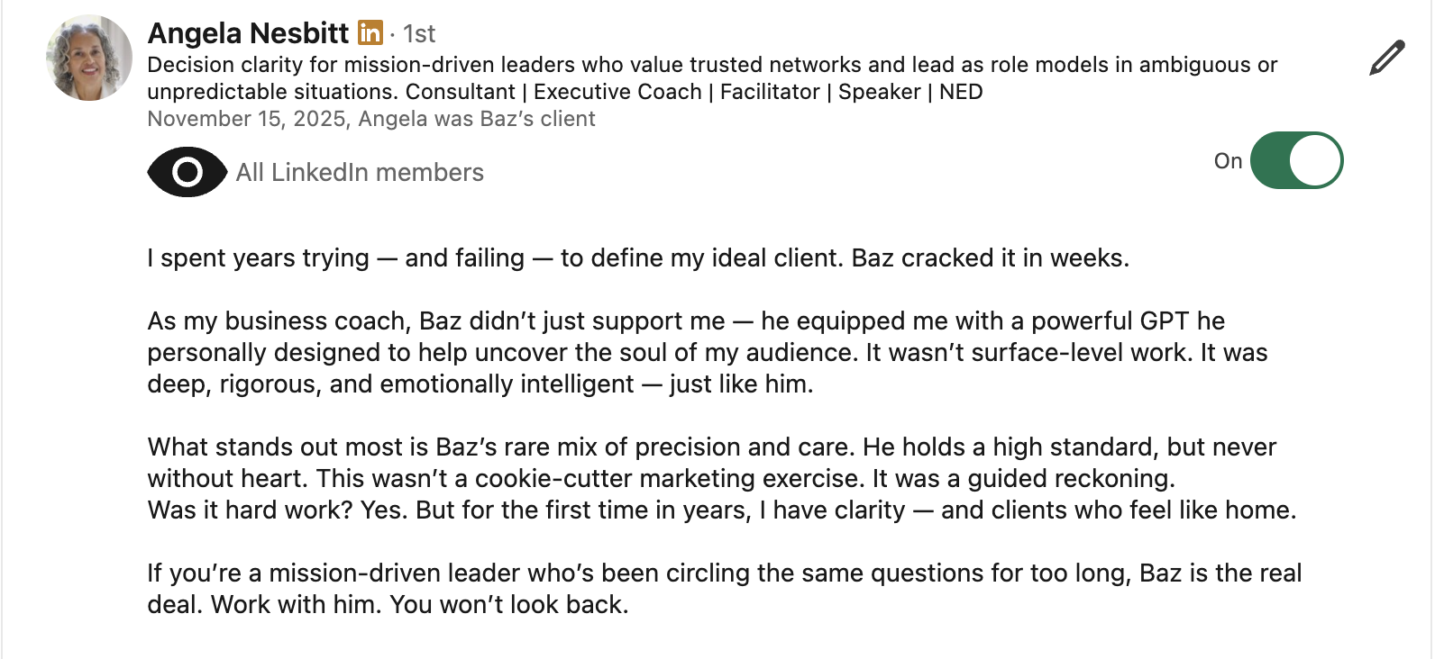 Angela Nesbitt 2 LinkedIn testimonial for Baz Porter