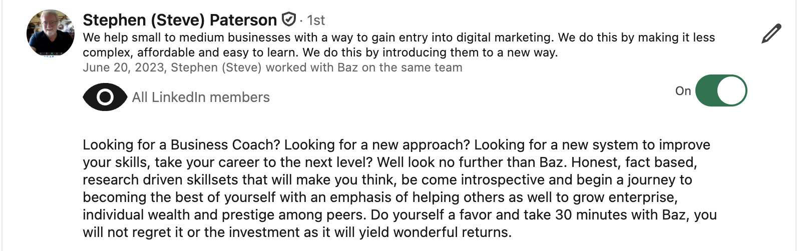 Steve Patterson LinkedIn testimonial for Baz Porter