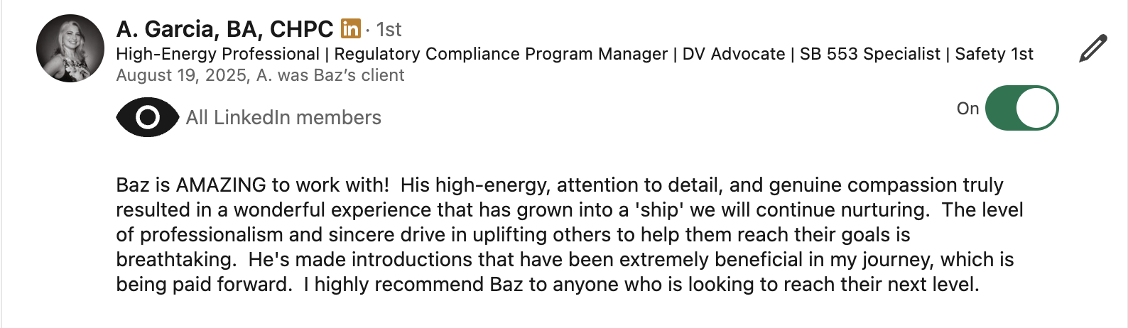 A Garcia LinkedIn testimonial for Baz Porter