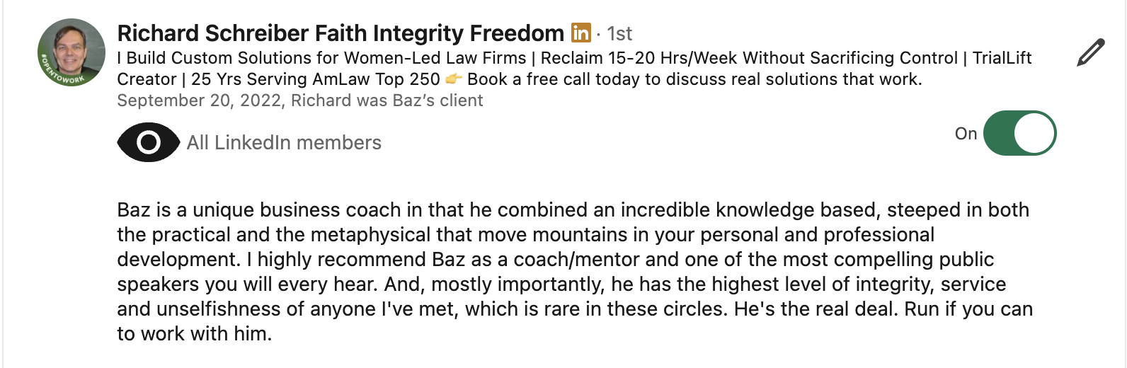 Richard Schreiber LinkedIn testimonial for Baz Porter