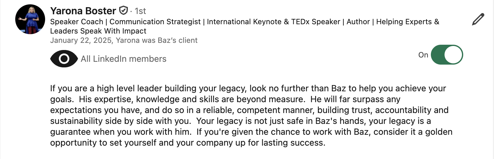 Yarona Boster LinkedIn testimonial for Baz Porter