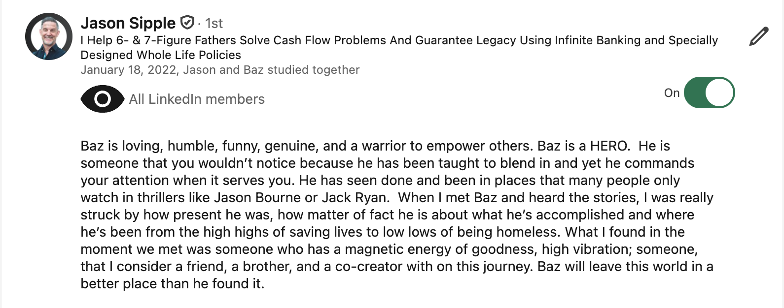 Jason Sipple LinkedIn testimonial for Baz Porter