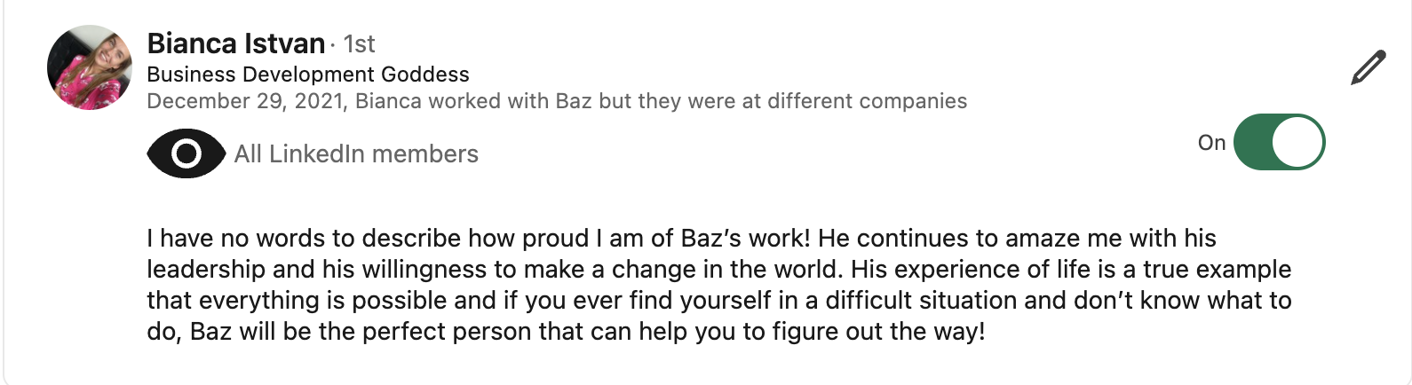Bianca Istvan LinkedIn testimonial for Baz Porter
