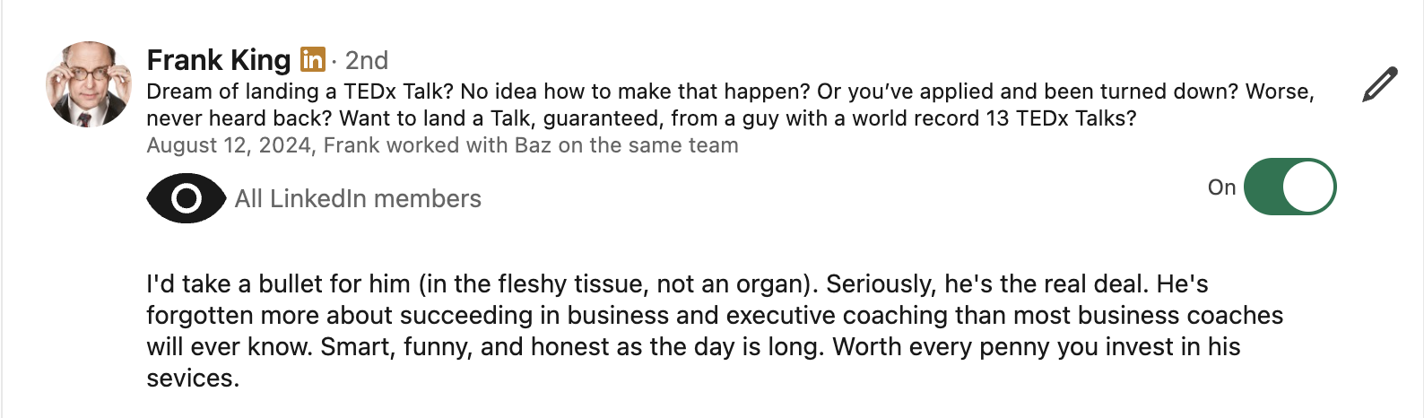 Frank King LinkedIn testimonial for Baz Porter