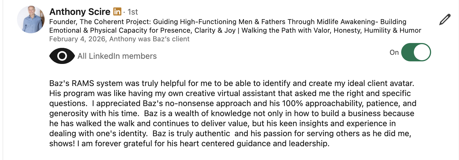 Anthony Scire LinkedIn testimonial for Baz Porter