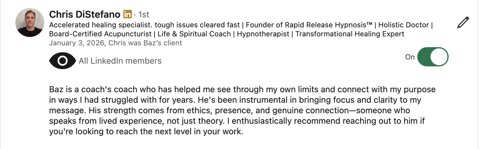 Chris DiStefano LinkedIn testimonial for Baz Porter