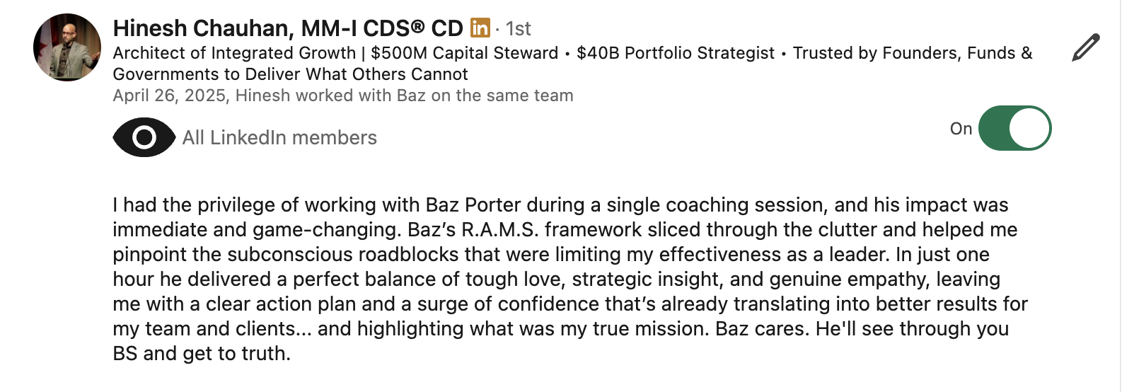 Hinesh Chauhan LinkedIn testimonial for Baz Porter