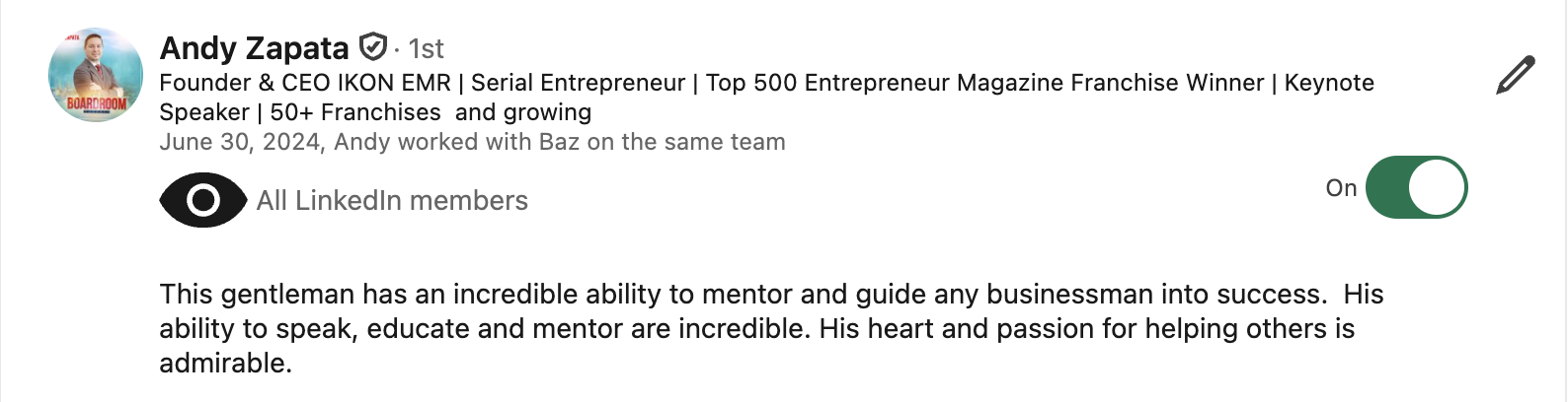 Andy Zapata LinkedIn testimonial for Baz Porter