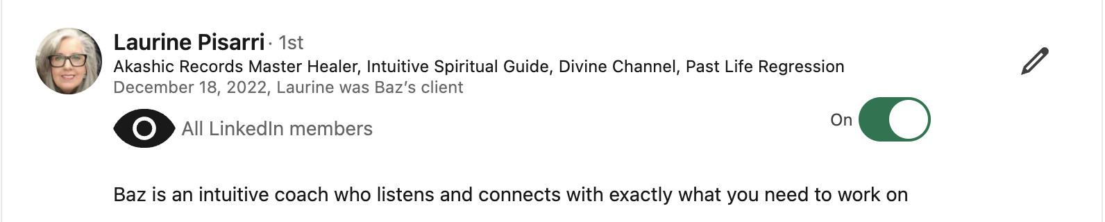 Laurine Pisarri LinkedIn testimonial for Baz Porter