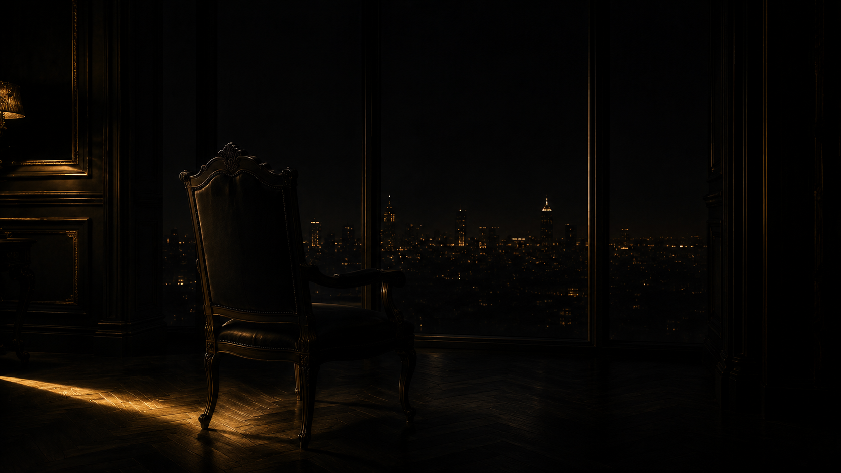 The empty chair in a darkened executive office — Silent Collapse as architecture