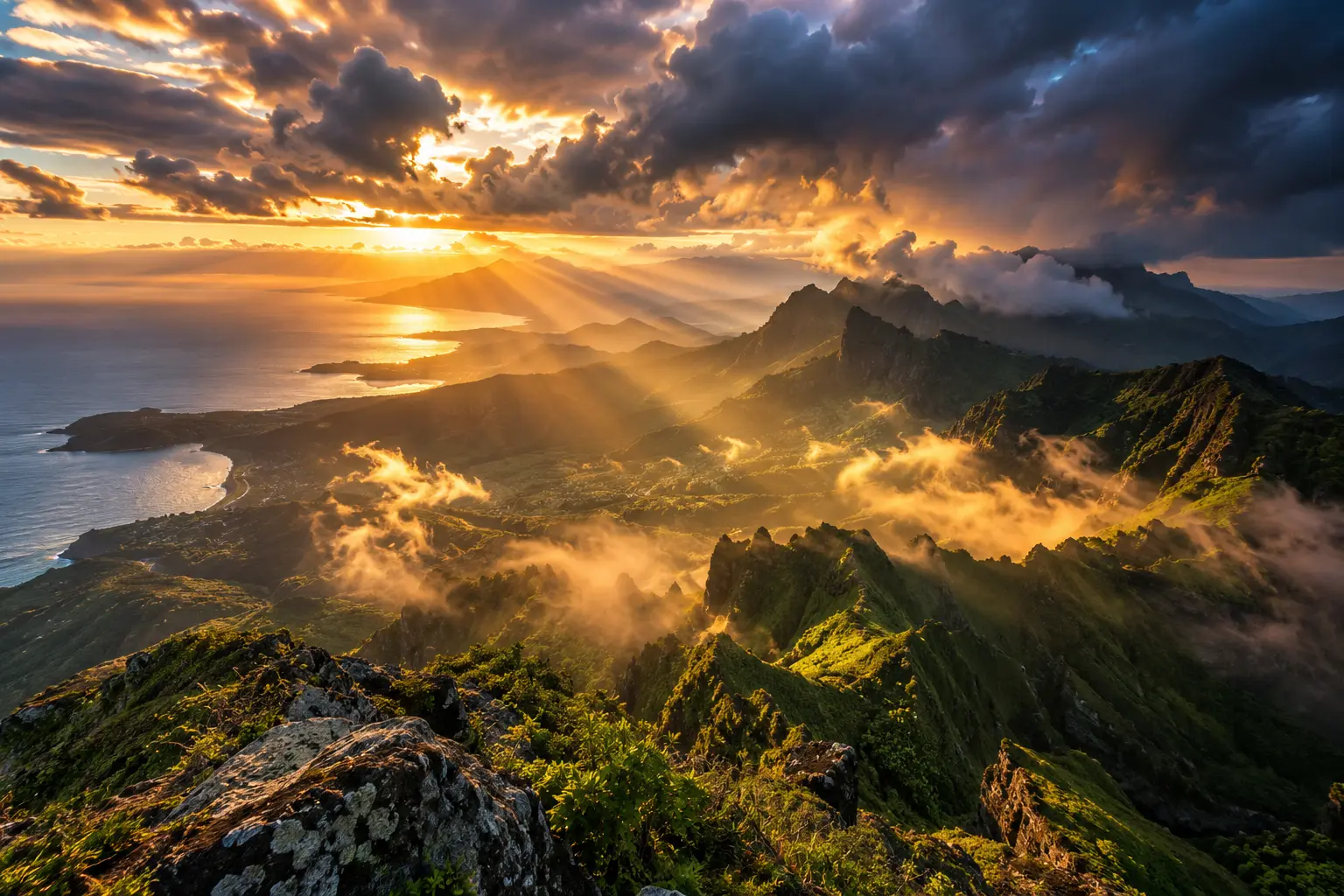 Golden sunlight breaking through storm clouds over a green mountain ridge and coastline