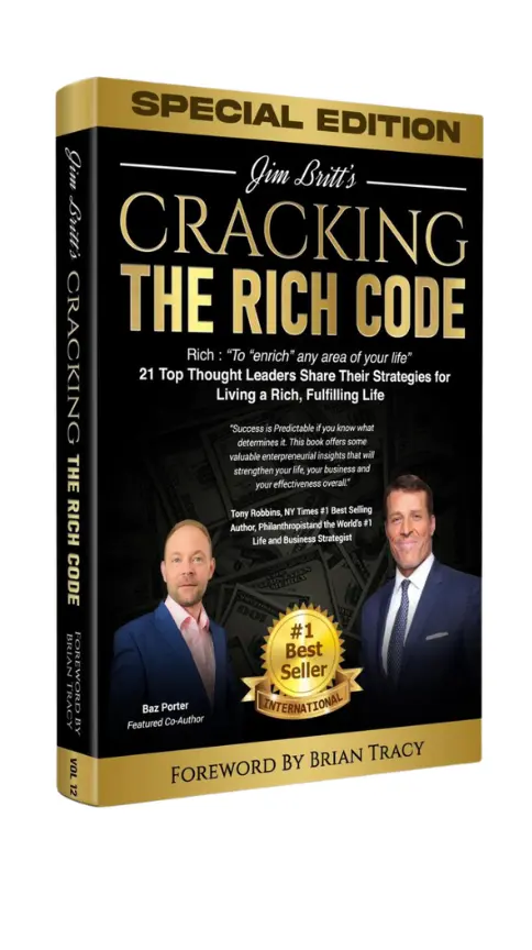 Cover of Jim Britt&rsquo;s Cracking the Rich Code, Vol. 12, Special Edition, with Baz Porter named as featured co-author