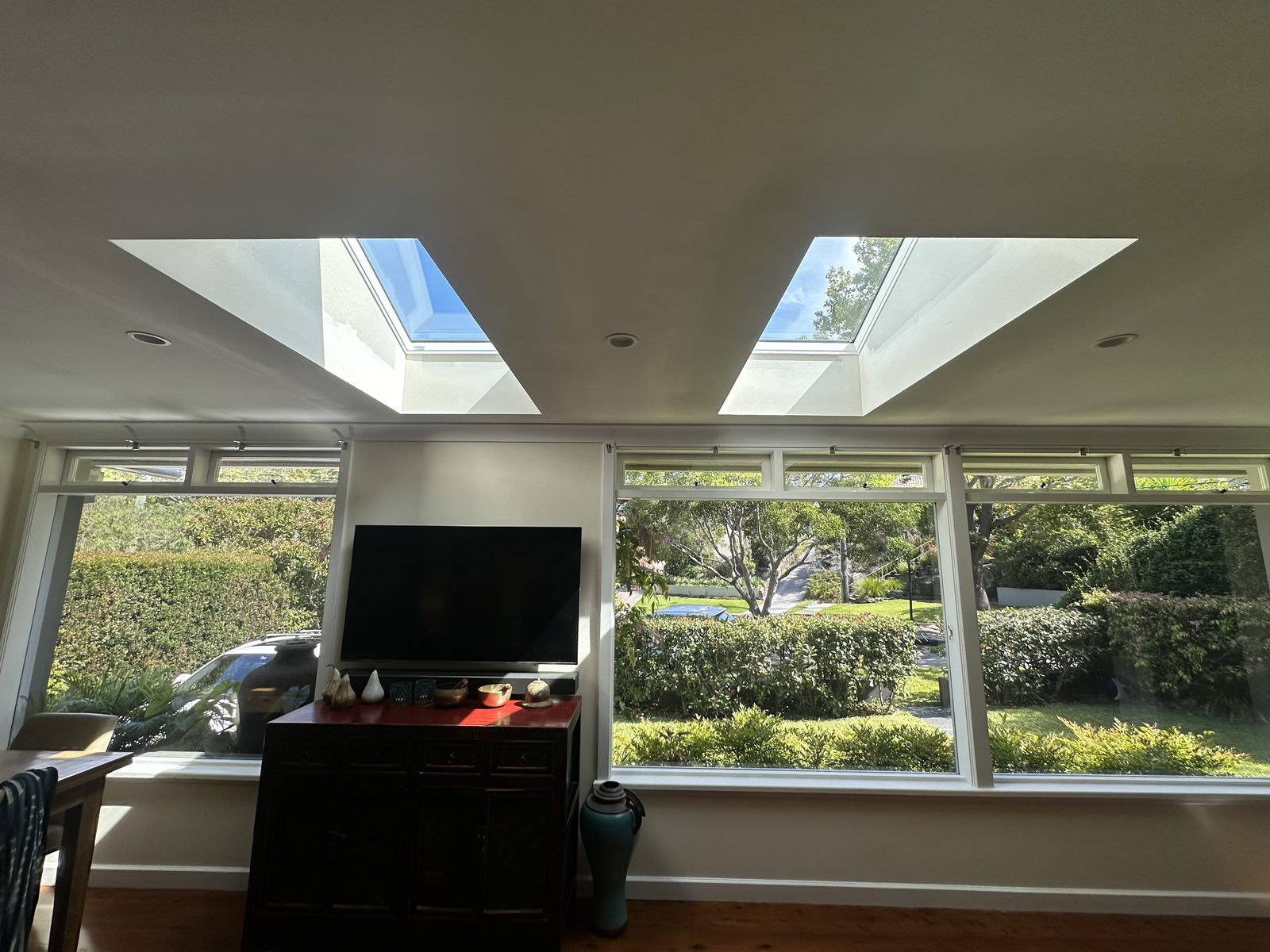 Finished twin skylight install with garden view