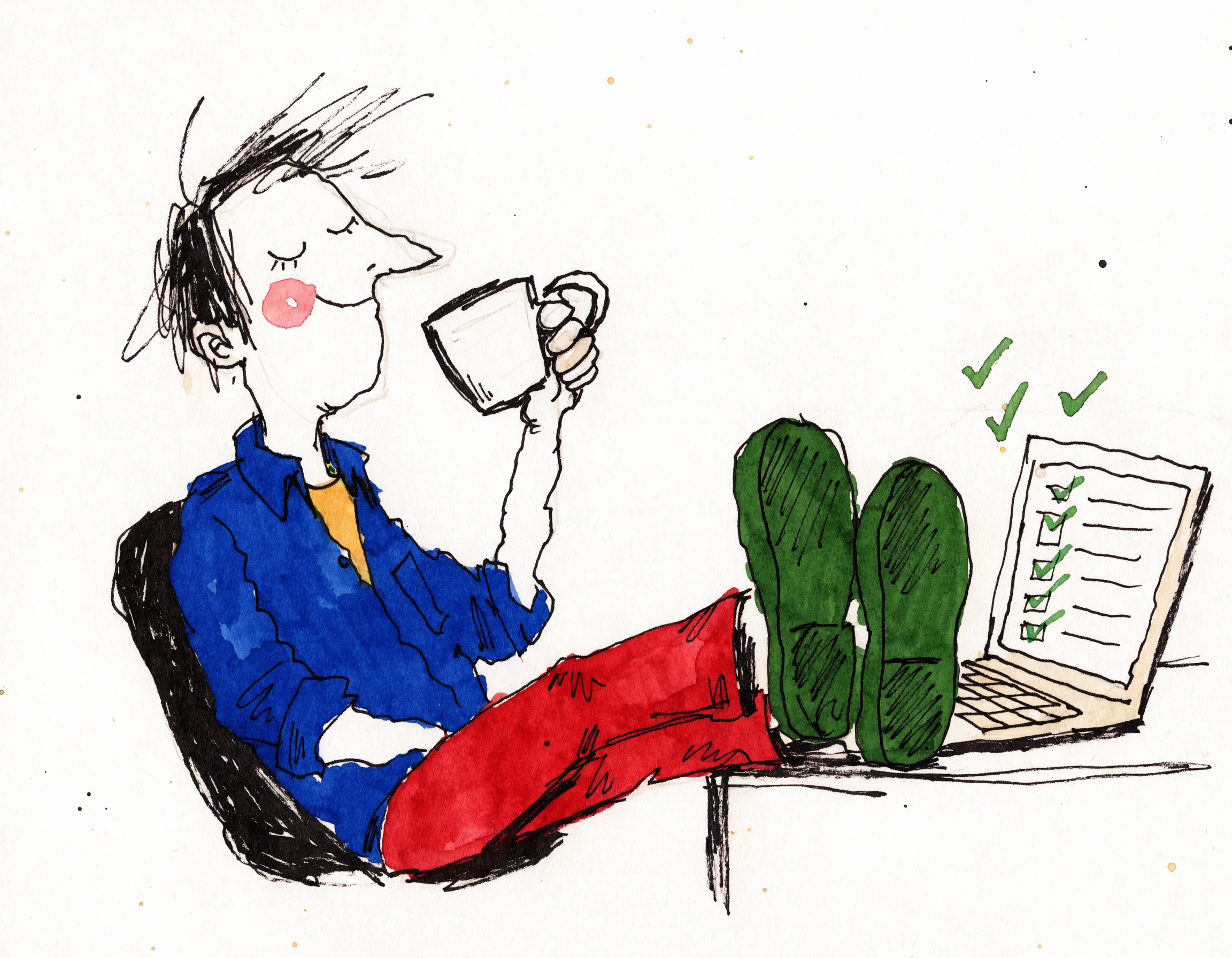 The owner leaning back with a coffee while the laptop checks tasks off by itself