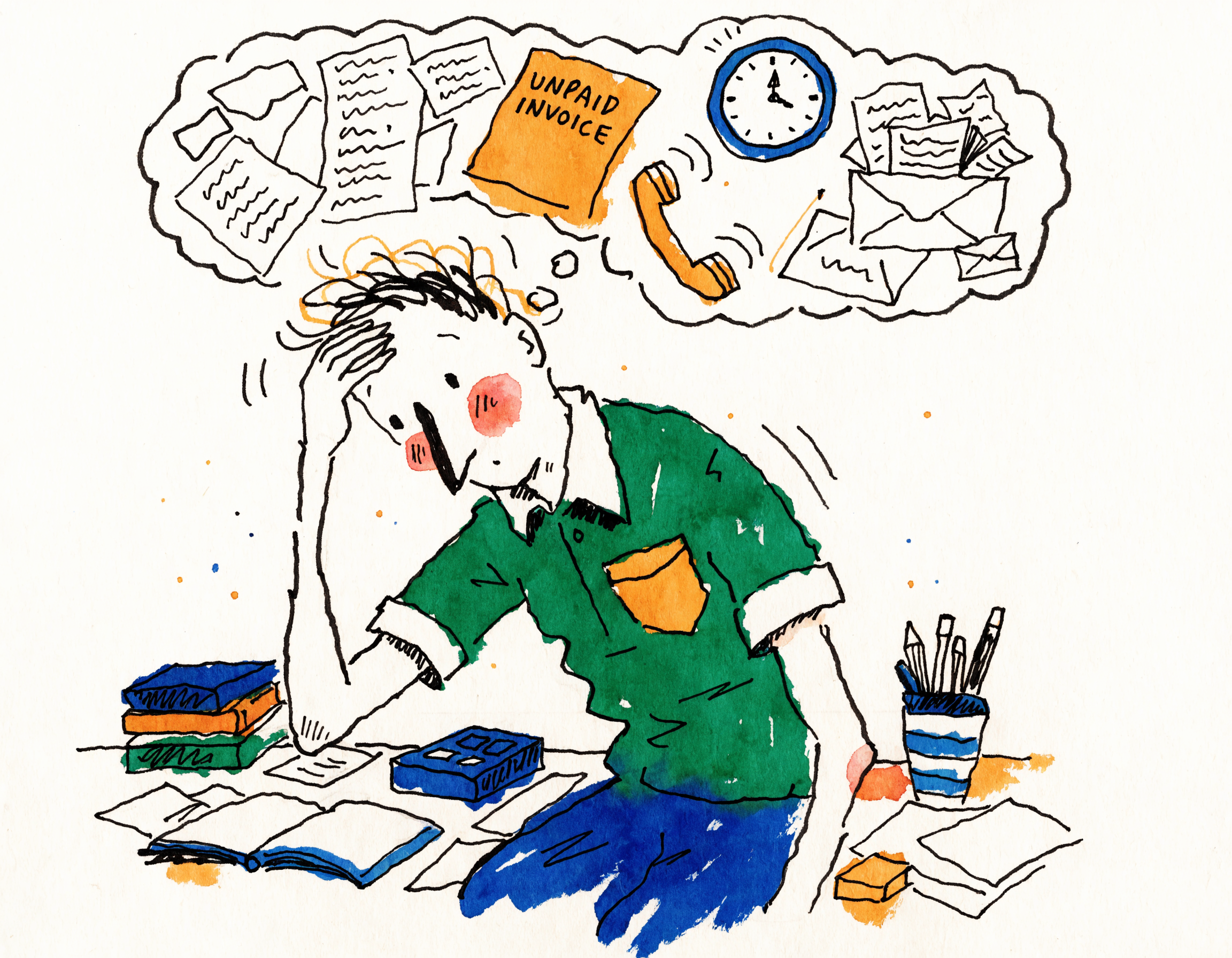 A business owner hunched over their desk, sweating, with a thought bubble full of tasks